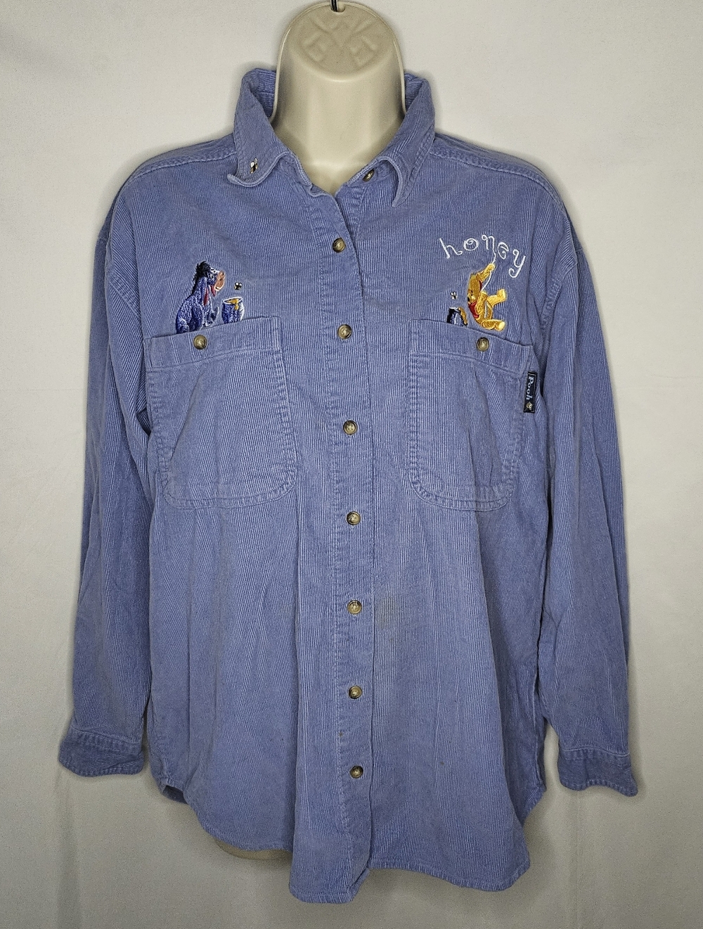 VTG Disney Winnie Pooh Eeyore Honey Blue Corduroy Button Up Long Sleeve Top S